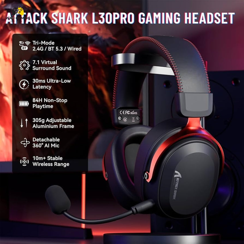 ATTACK SHARK L30PRO Wireless Gaming Headset – 7.1 Surround Sound Tri-Mode Gaming Headphones with 50mm Drivers & Low Latency
