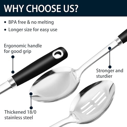 14-in Cooking Spoons Set, Heavy Duty 18/0 Stainless Steel Large Serving Spoons Set, Slotted Spoon, Cooking Spoon & Soup Ladle, Commercial and Residential Use, Pack of 3