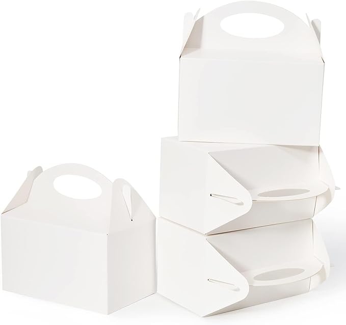 50 Pcs Small Party Treat Boxes, 6 Inch Candy Cookie Goodie Gift Bags Gable Box for Kids Birthday Party, White