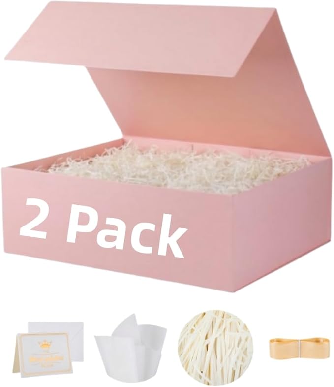 UoeRing 2 Pack Pink Gift Box Large 13.5x11.8x4.7 inch Luxury Gift Box for Presents with Magnetic Closure Lid Collapsible,Birthday,Contains Card, Ribbon, Tissue Paper,Shredded Paper Filler