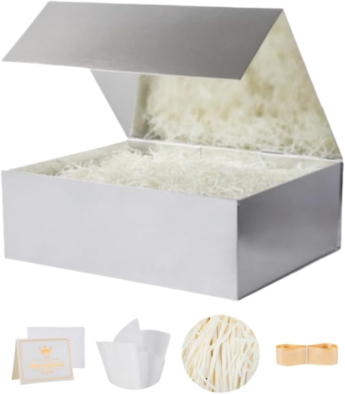 UoeRing 1 Pcs Silver Gift Box 9.5x6x3 inch Small Luxury Gift Box for Presents with Magnetic Lid Collapsible,Birthday,Christmas,Contains Card, Ribbon, Tissue Paper,Shredded Paper Fille