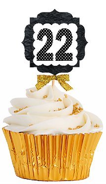 22nd Birthday Anniversary Gold Ribbon Novelty Cupcake Appetizer Decoration Toppers / Picks -12ct