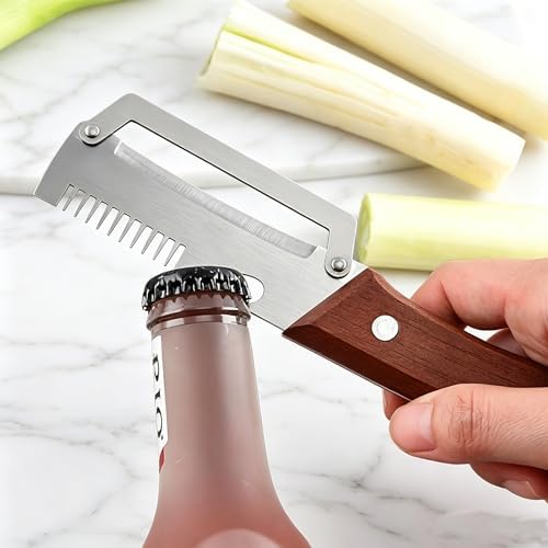 Multifunctional Vegetable Peeler,3 in 1 Stainless Steel Potato Peeler with Bottle Opener,Wooden Handle Fruit&Veggie Peeler for Kitchen,Carrot Apple Peeling Tool, GreenOnion Shredder Kitchen Gadget