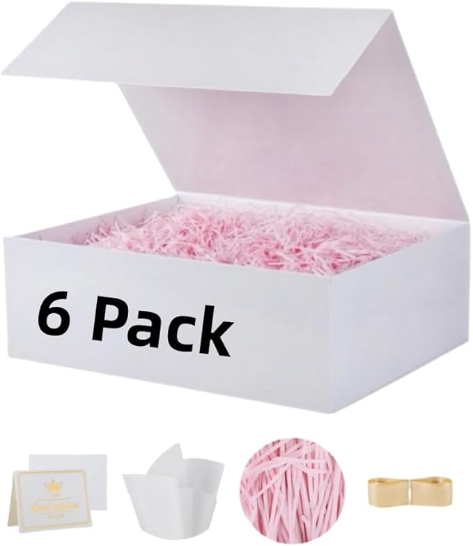 UoeRing 6 Pack White Gift Box 11.5x8x4 inch Luxury Gift Box for Presents with Magnetic Lid Collapsible,Birthday,Bridesmaid Proposal,Contains Card, Ribbon, Tissue Paper,Shredded Paper Fille
