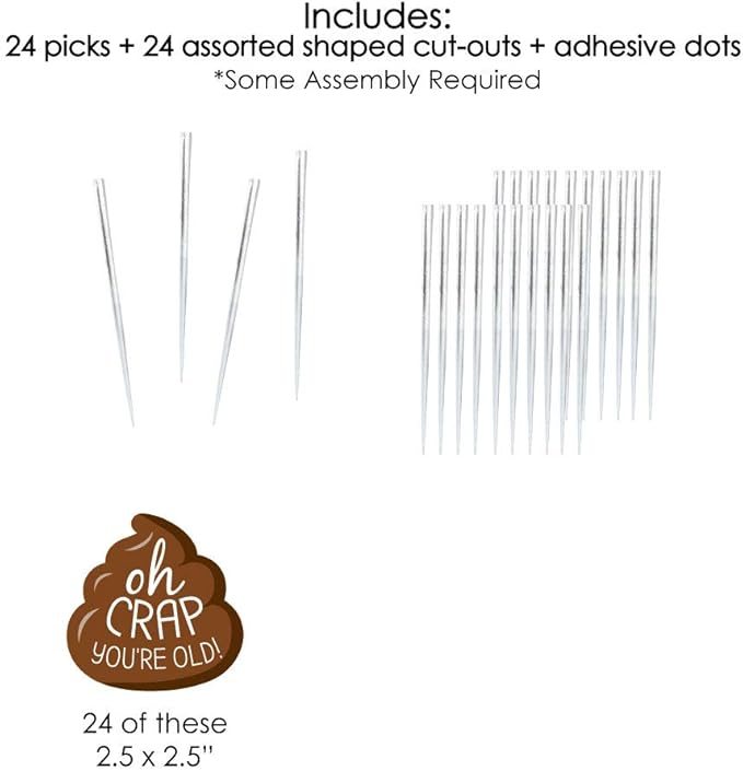 Big Dot of Happiness Oh Crap, You're Old - Dessert Cupcake Toppers - Poop Birthday Party Clear Treat Picks - Set of 24