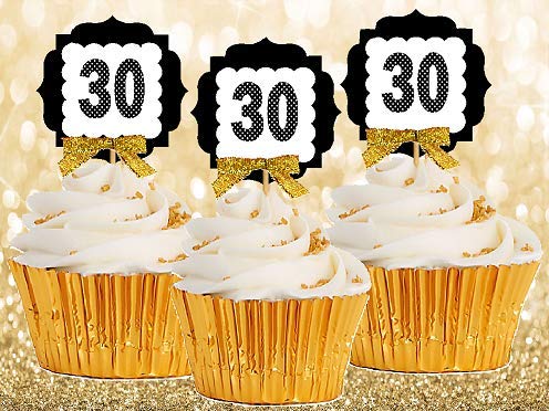 30th Birthday Anniversary Gold Ribbon Novelty Cupcake Appetizer Decoration Toppers / Picks -12ct