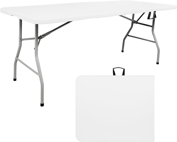 6FT Folding Table, Portable Fold-in-Half Plastic Utility Table with Carrying Handle, Heavy Duty Indoor Outdoor Dining Picnic Camping Party Table, Waterproof & Scratch Resistant, White