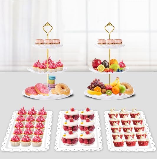 PinCute 5 Pcs Dessert Table Display Set - 2 X Cupcake Stand Holder/Cup Cake Tier Tower & 3 X Serving Tray Combo for Tea Party, Birthday, Baby Shower (Wave Round)