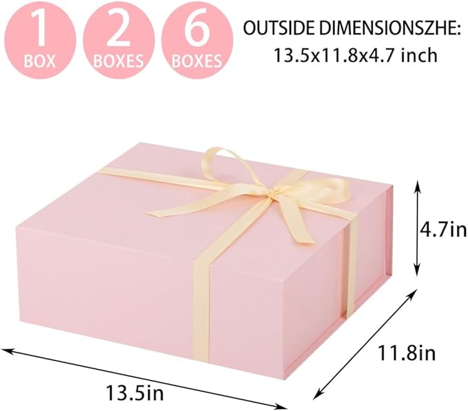 UoeRing 2 Pack Pink Gift Box Large 13.5x11.8x4.7 inch Luxury Gift Box for Presents with Magnetic Closure Lid Collapsible,Birthday,Contains Card, Ribbon, Tissue Paper,Shredded Paper Filler