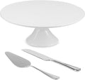 10 Inch White Porcelain Wedding Cake Stand with Knife and Server Set, Round Cake Plate Display Holder for Birthday, Baby Shower, Party Dessert Cupcake, Home Decorating Stand