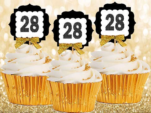 28th Birthday Anniversary Gold Ribbon Novelty Cupcake Appetizer Decoration Toppers / Picks -12ct