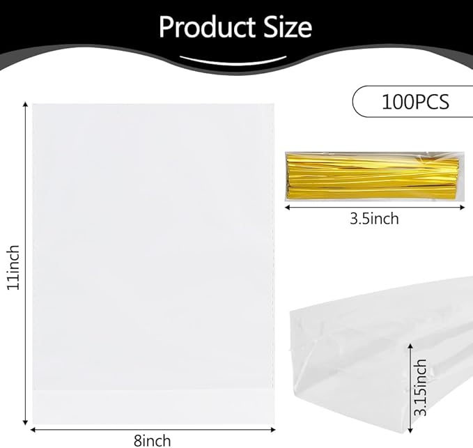 Cellophane Bags, Bottom Gusset Treat Bags, 8"x 11"Clear Cellophane Gift Bags with Ties, 100Pcs Cellophane Treat Goodie Bags for Wedding Graduation Party Favors Gift Mug Wrapping Candy Cookies Storage