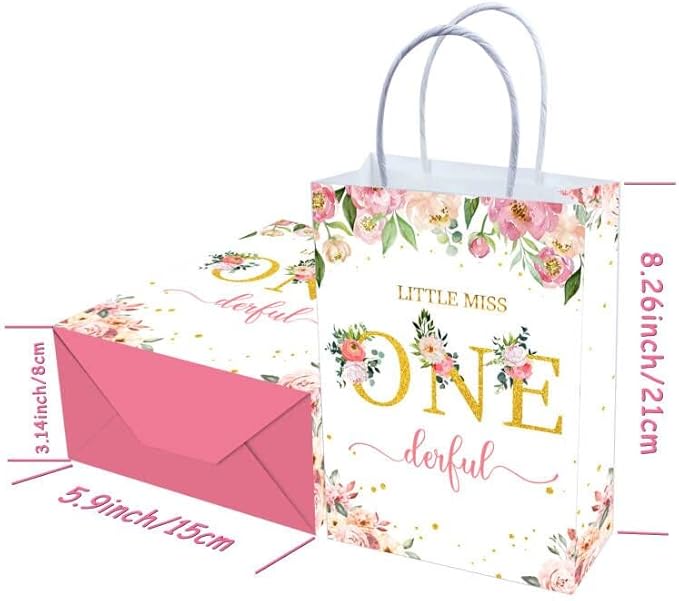 Tyndallrays 16 Pieces Miss Onederful One First Birthday Party Favors Bags,Onederful 1st Birthday Girl Gift Snacks Treat Candy Party Favors Bags with Handles for Girls 1st Birthday Party Decorations