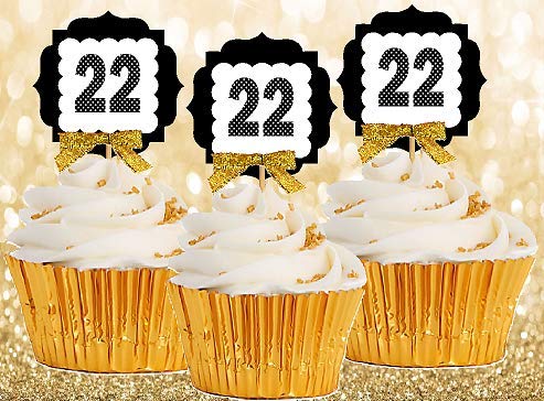 22nd Birthday Anniversary Gold Ribbon Novelty Cupcake Appetizer Decoration Toppers / Picks -12ct