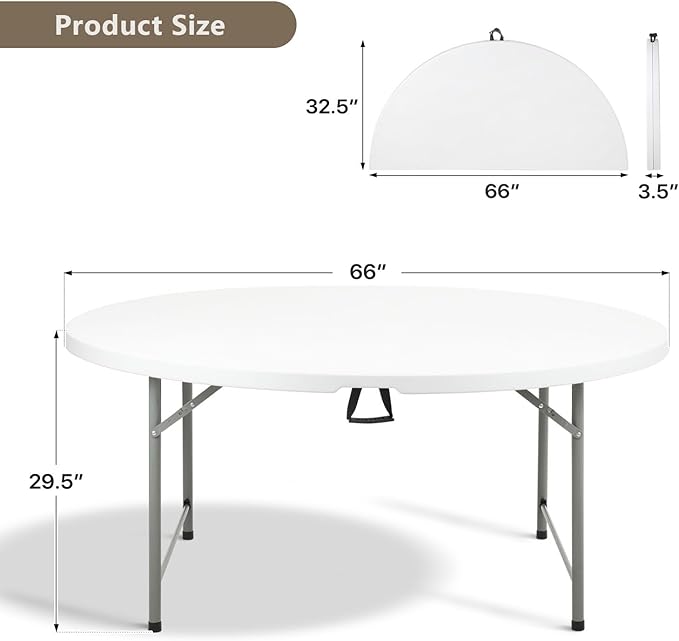 OS MOTOR 5ft Round Folding Table with Carry Handle, Portable Heavy Duty Plastic Utility Table with Steel Legs for Party, Wedding, Camping, Indoor, Outdoor Event, 60 Inch, White