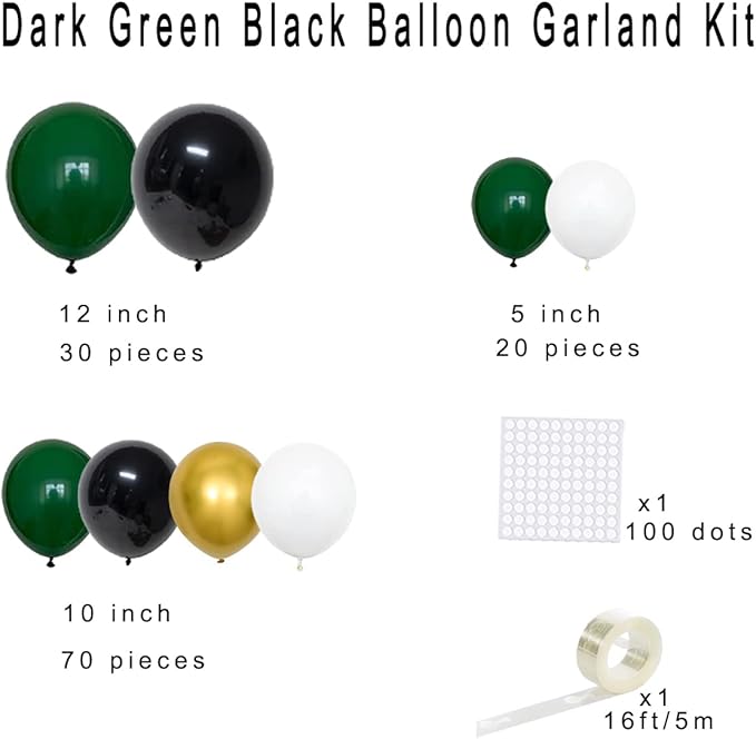 Dark Green Gold Black Balloon Garland Arch, Emerald Green Black Gold White Balloons for Camo Birthday Wildland Baby Shower Class of 2026 Graduation Party Decorations