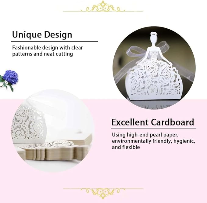 Steedna 50 Pack Bride Pattern Chocolate Gift Box Sector Pearl Paper Hollow Out Small Gift Box Wedding Dress Laser Cut with Ribbons Candy Boxes Party Favors Chocolate Box (White)
