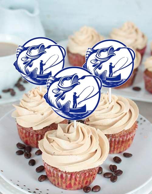 24pcs Fishing Cupcake Toppers - Multicolored - Birthday, Anniversary, Baby Shower - Dessert Decorating Cupcake Toppers