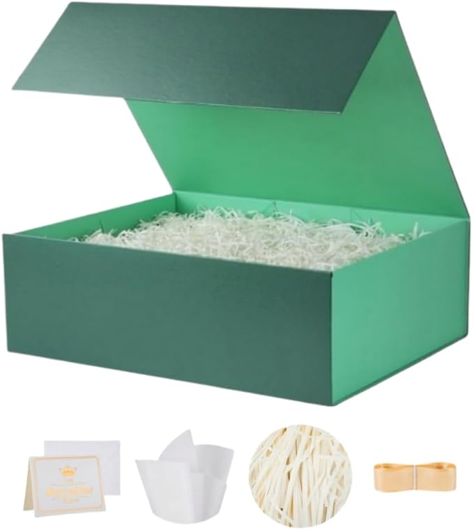 UoeRing 1 Pcs Green Gift Box Large 13.5x11.8x4.7 inch Luxury Gift Box for Presents with Magnetic Closure Lid Collapsible,Birthday,Christmas,Contains Card, Ribbon, Tissue Paper,Shredded Paper Filler