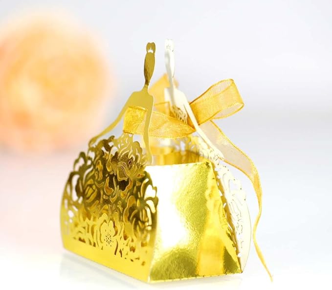 Steedna 50 Pack Bride Pattern Chocolate Gift Box Sector Pearl Paper Hollow Out Small Gift Box Wedding Dress Laser Cut with Ribbons Candy Boxes Party Favors Chocolate Box (Ref-Gold)