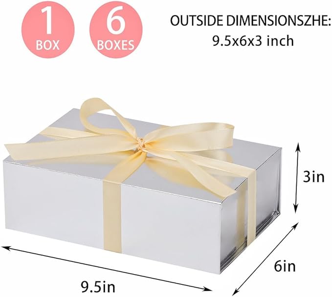 UoeRing 1 Pcs Silver Gift Box 9.5x6x3 inch Small Luxury Gift Box for Presents with Magnetic Lid Collapsible,Birthday,Christmas,Contains Card, Ribbon, Tissue Paper,Shredded Paper Fille