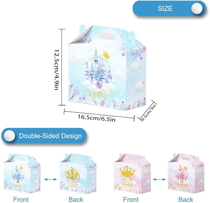 16 Pcs Princess Prince Birthday Party Favor Boxes - Pink & Blue Crown Cardboard Print Party Gift Paper Boxes with Handles, Princess Prince Party,Gender Reveal & Wedding Decorations Supplies(16-princess-box)