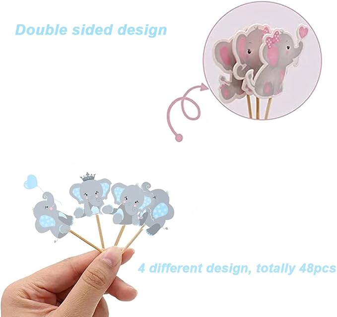 48pcs Blue Elephant Cupcake Toppers, Double Sided It is A Boy Elephant Cupcake Picks, Elephants Cake Cupcake Decorations for Elephants Theme Birthday Baby Shower Little Peanut Party Supplies