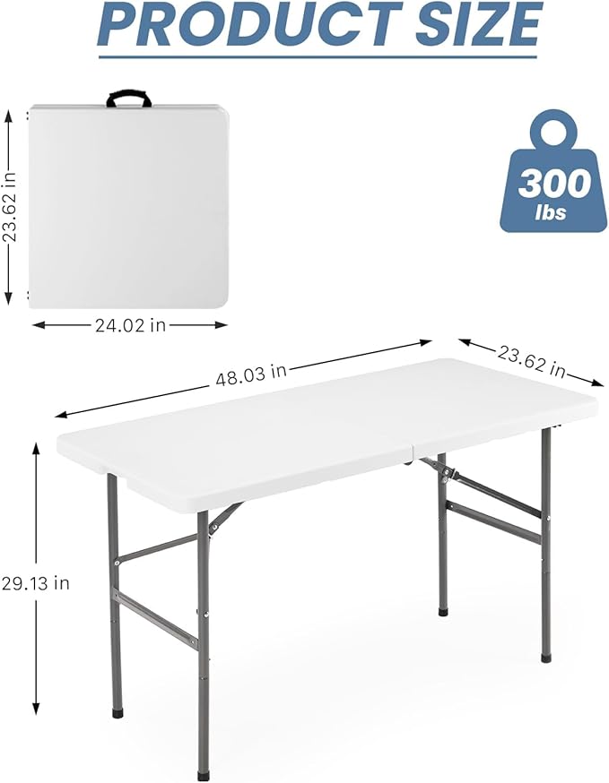 DUMOS 3.8 FT Folding Picnic Table Easy to Fold and Store, Foldable Table for Camping Picnic Dining Party Kitchen Outdoor Indoor with Carrying Handle