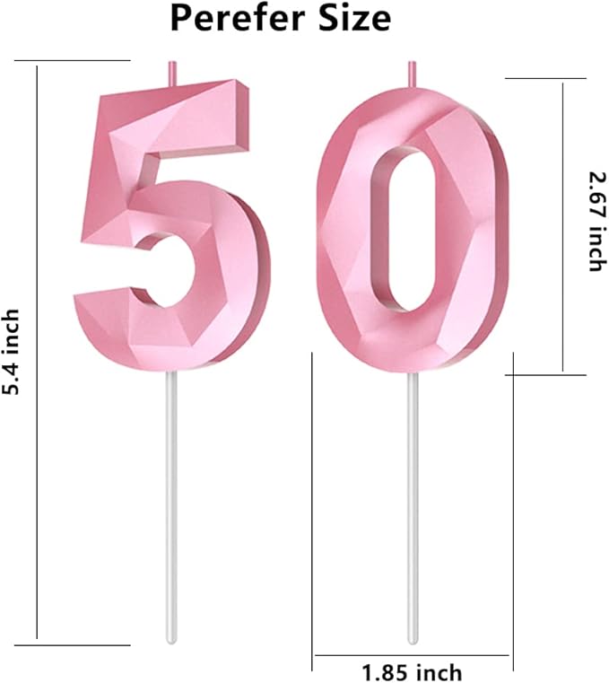 Number Birthday Candles(50 Candle Pink) 3D Diamond Shape 50th Happy Birthday Cake Topper Decorations for Women Men Birthday Wedding Anniversary Celebration Theme Party Supplies