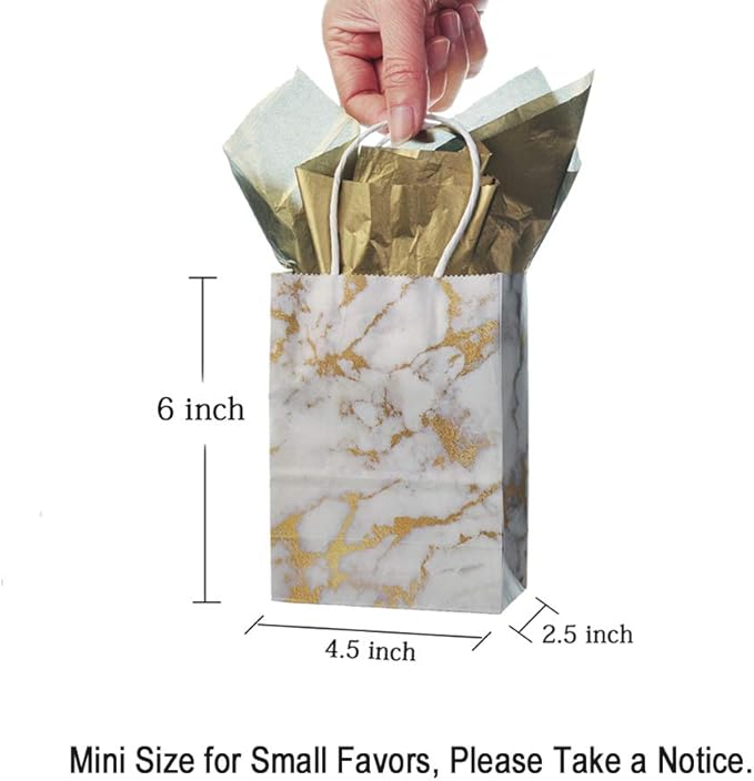 AWELL Mini Size Marble White Paper Bag with Handle - Party Favours Bag 6x4.5x2.5 inch for Wedding, Birthday, Baby Shower - Pack of 24
