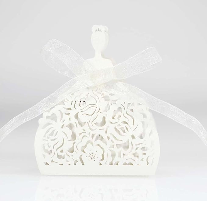 Steedna 50 Pack Bride Pattern Chocolate Gift Box Sector Pearl Paper Hollow Out Small Gift Box Wedding Dress Laser Cut with Ribbons Candy Boxes Party Favors Chocolate Box (Ivory)