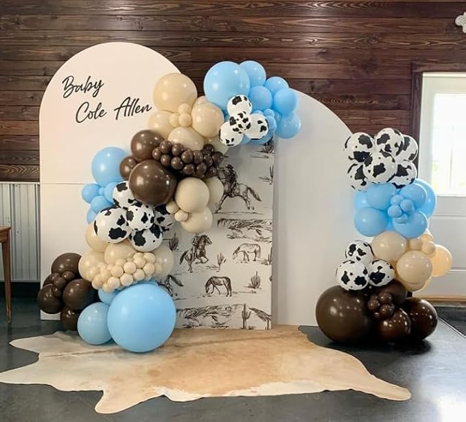 HILAVO Cow Print Balloons, 12Inch Light Blue Brown Sand White and Cow Balloons for Boys Baby Shower Farm Western Cowboy Rodeo Birthday Party Decorations