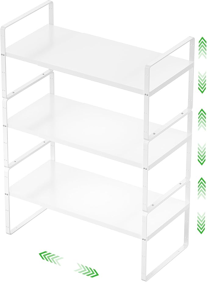 Expandable Cabinet Storage Shelf Stackable Organizer Rack for Kitchen Bathroom Pantry Spice Cupboard Countertop Home Office Desk Heavy Duty Nonslip White Large 3 Pack