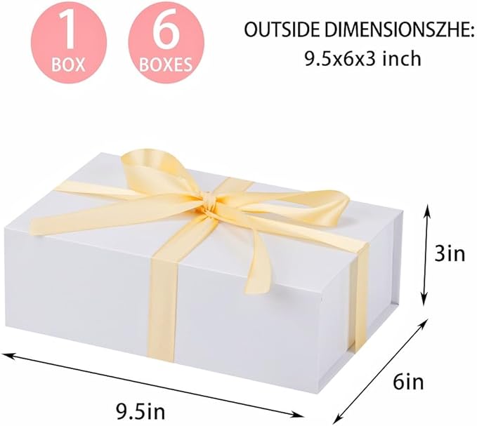 UoeRing 6 Pack White Gift Box 9.5x6x3 inch Small Luxury Gift Box for Presents with Magnetic Lid Collapsible,Bridesmaid Proposal,Contains Card, Ribbon, Tissue Paper,Shredded Paper Fille