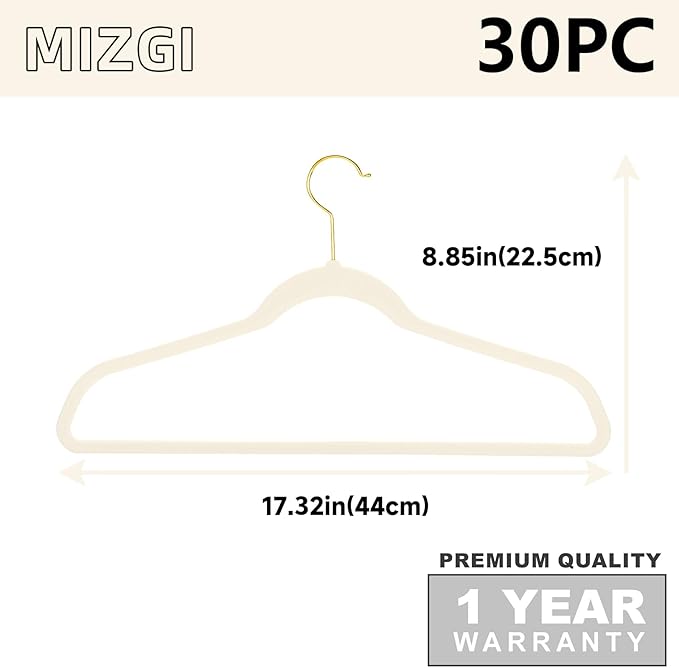 MIZGI Ivory Velvet Hangers 30 Pack,Premium Gold Clothes Hangers Non-Slip Felt Hanger,Sturdy Ivory Hangers Heavy Duty Coat,Durable Suit for Space Saving, No Flocked Marks