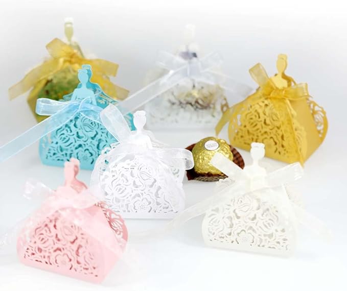 Steedna 50 Pack Bride Pattern Chocolate Gift Box Sector Pearl Paper Hollow Out Small Gift Box Wedding Dress Laser Cut with Ribbons Candy Boxes Party Favors Chocolate Box (Ref-Gold)