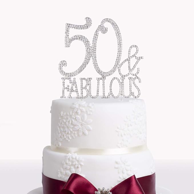 50 & Fabulous Cake Topper 50 Years Birthday Or 50th Wedding Anniversary Silver Crystal Rhinestone Party Decoration