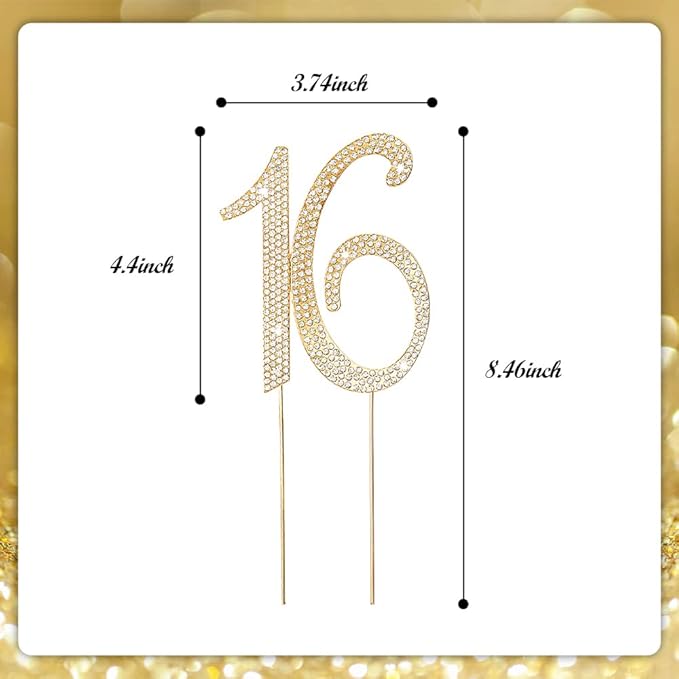 16th Rhinestones Cake Topper, Gold 16th Birthday Cake Decoration, Adult Ceremony or Anniversary Party Decor Ideal Perfect Keepsake