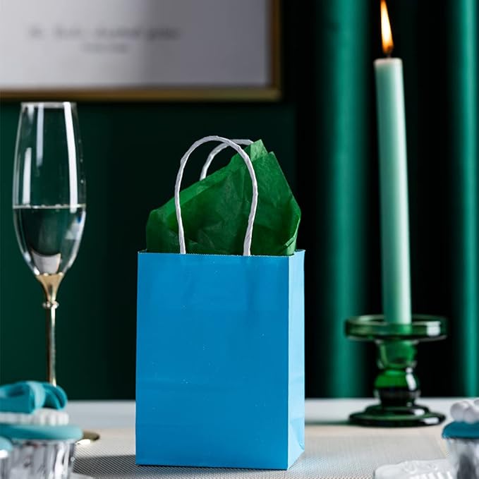 AWELL Small Blue Paper Bags with Handle - Party Favours for Wedding, Birthday, Baby Shower & Gender Reveal - Recycled Pack of 24 (6x4.5x2.5 inch)