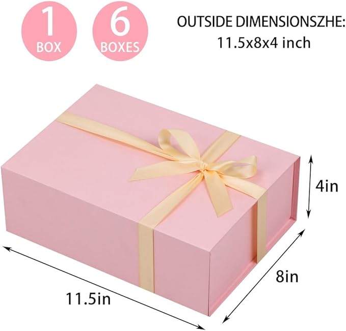 UoeRing 1 Pcs Pink Gift Box 11.5x8x4 inch Luxury Gift Box for Presents with Magnetic Lid Collapsible,Birthday,Christmas,Contains Card, Ribbon, Tissue Paper,Shredded Paper Fille