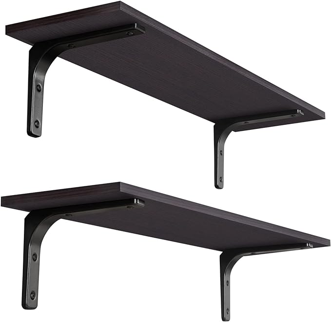 DINZI LVJ Long Wall Shelves, 31.5 Inch Wall Mounted Shelves Set of 2, Easy-to-Install, Floating Storage Ledges with Sturdy Metal Brackets for Living Room, Bathroom, Bedroom, Kitchen, Espresso