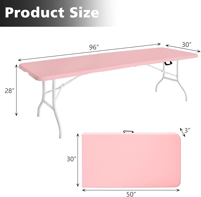 Portable 8Ft Folding Table, Heavy Duty Plastic Fold-in-Half Utility Foldable Dining Table, Multi-Purpose Plastic Folding Table with Carrying Handle for Camping and Party Indoor/Outdoor (Pink)