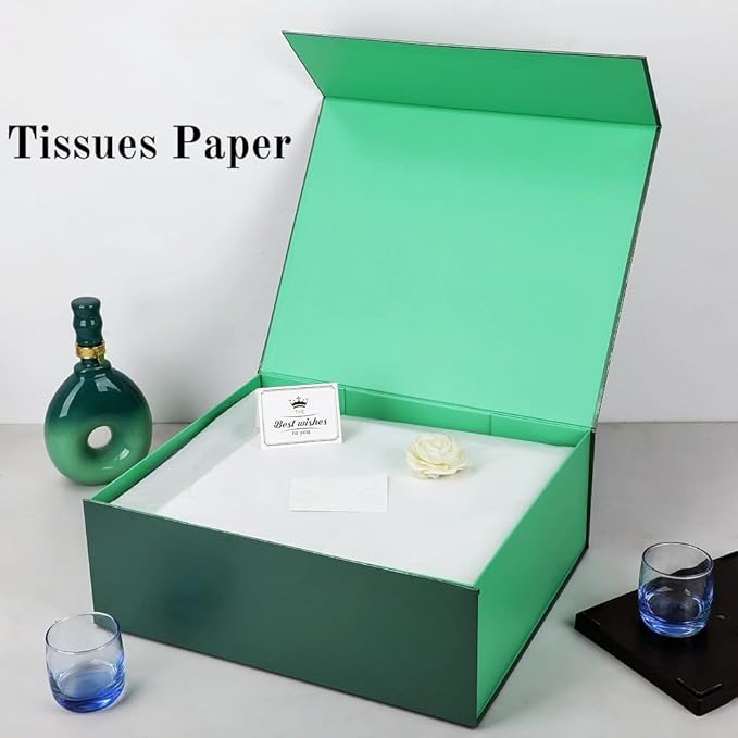UoeRing 2 Pack Green Gift Box Large 13.5x11.8x4.7 inch Luxury Gift Box for Presents with Magnetic Closure Lid Collapsible,Birthday,Christmas,Contains Card, Ribbon, Tissue Paper,Shredded Paper Filler