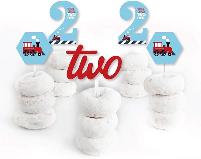 Big Dot of Happiness 2nd Birthday Railroad Party Crossing - Dessert Cupcake Toppers - Steam Train Clear Treat Picks - Set of 24