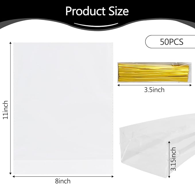 Cellophane Bags, Bottom Gusset Treat Bags, 8"x 11"Clear Cellophane Gift Bags with Ties, 50Pcs Cellophane Treat Goodie Bags for Wedding Graduation Party Favors Gift Mug Wrapping Candy Cookies Storage
