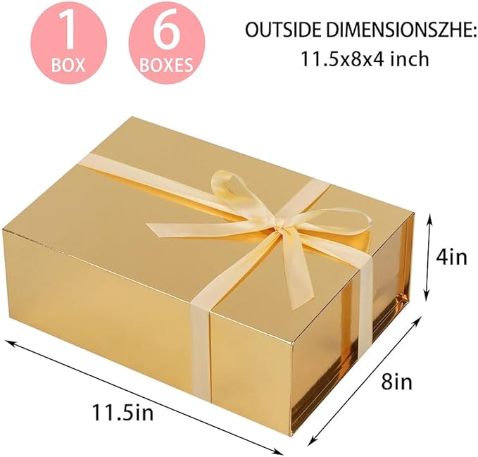 UoeRing 6 Pack Gold Gift Box 11.5x8x4 inch Luxury Gift Box for Presents with Magnetic Lid Collapsible,Bridesmaid Proposal,Contains Card, Ribbon, Tissue Paper,Shredded Paper Fille