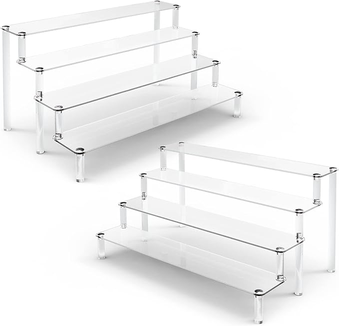 2 Pack 4 Tier Clear Acrylic Display Risers Stand Shelf, Acrylic Stands for Display for Collectibles Cupcakes Perfumes Jewel, Tabletop Cupcake Stand for Decorating & Organizing