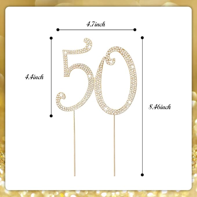 50th Rhinestones Cake Topper, Gold 50th Birthday Cake Decoration, Wedding Anniversary Party Decor Ideal Perfect Keepsake