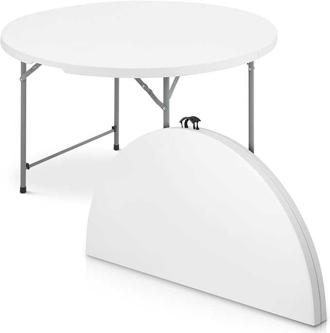 OS MOTOR 5ft Round Folding Table with Carry Handle, Portable Heavy Duty Plastic Utility Table with Steel Legs for Party, Wedding, Camping, Indoor, Outdoor Event, 60 Inch, White