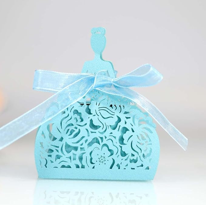 Steedna 50 Pack Bride Pattern Chocolate Gift Box Sector Pearl Paper Hollow Out Small Gift Box Wedding Dress Laser Cut with Ribbons Candy Boxes Party Favors Chocolate Box (Tiffany)